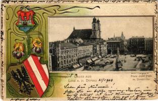 1903 Linz, Franz Josef Platz m. Domkirche / square, church, market, tram. Art Nouveau, Emb. litho frame with coat of arms (b)