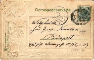 1903 Linz, Franz Josef Platz m. Domkirche / square, church, market, tram. Art Nouveau, Emb. litho fr...