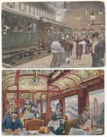 2 db RÉGI vonat motívum képeslap: pályaudvar és étkezőkocsi belsők / 2 pre-1945 train motive postcards: railway station and dining car (signed by F. Witt)