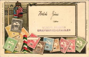 A Magyar kir. Posta bélyegei és címer / Set of Hungarian stamps, coat of arms. Philatelie-Ansichtskarte Art Nouveau, litho