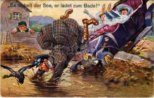 1915 Es lächelt der See, er ladet zum Bade! / car accident, humour. artist signed (EK)