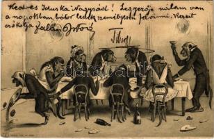 1903 Monkeys dinner. Emb. litho (lyuk / pinhole)