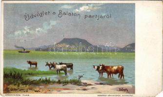 Balaton, Üdvözlet a Balaton partjáról! Badacsony és szarvasmarhák. Werbőczy könyvnyomda, litho s: Telegdy (EM)