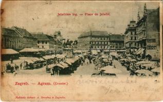 1901 Zagreb, Zágráb; Jelacicev trg / square, market, shops, tram (EM)