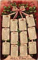 1905 Boldog Újévet! / New Year greeting art postcard with calendar and clovers. Art Nouveau, Emb. litho (lyuk / pinhole)