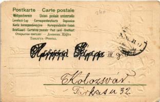 1905 Boldog Újévet! / New Year greeting art postcard with calendar and clovers. Art Nouveau, Emb. li...