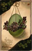 1910 Boldog húsvéti ünnepeket! / Easter greeting art postcard with egg and clovers. Art Nouveau, Emb. litho (EK)