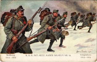 1916 Weltkrieg 1914-1916 - K.u.K. Inft.-Regt. Kaiser Wilhelm Nr. 34. Verlag K.u.K. Kmdo. der 27. Inf. Trp. Dion. / WWI Austro-Hungarian military art postcard, 34th Infantry Regiment, support fund s: Hans Larwin (EB)