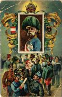 Gott erhalte, Gott beschütze, Unsern Kaiser, Unser Land. Franz Josef I / I. Ferenc József / Franz Joseph I of Austria, K.u.K. military, patriotic propaganda. Art Nouveau with coat of arms (EB)