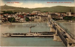 Linz, Blick nach Urfahr und dem Pöstlingberg / bridge, tram, steamship