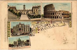 Roma, Rome; Campidoglio, Colosseo, Fontana di Trevi, Basilica di S. Pietro. Art Nouveau, floral, litho (fl)