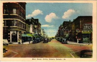 1945 Orillia (Ontario), Main Street, automobiles, Pratts Drugs, United Cigar Store, Wallaces Drugstore