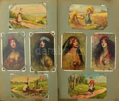 Múlt századfordulós képeslap album, benne kb. 270 régi képeslap: motívumok, művészeti lapok, közte s...