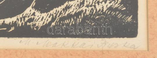 M. Makkai Piroska (1910-1998): Falusi életkép. Linómetszet, papír, jelzett. Paszpartuban, üvegezett ...