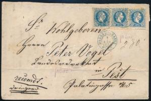 1872 10kr hármascsík ajánlott levélen kék HABSBURGGASSE WIEN - Pest