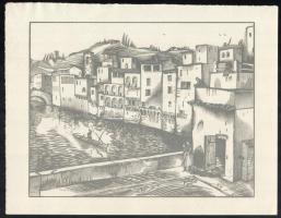 Vadász Endre (1901-1944): Itáliai város folyóval. Fametszet, papír, jelzés nélkül, 20x25,5 cm