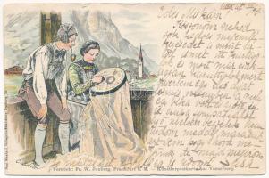 1899 (Vorläufer) Hölgy és udvarlója / Lady with his suitor. Fr. W. Juxenberg Künstlerpostkarte aus Vorarlberg litho (EK)