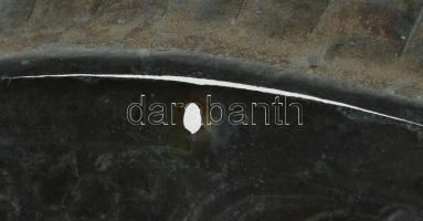 Perzsa fém tál, ornamentikus, állatos motívumokkal, sérült, d: 46 cm