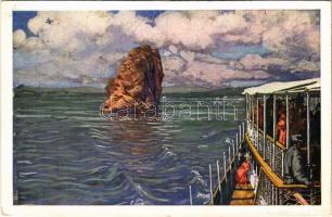 Orsova, Babakáj (Babagáj) szikla, gőzhajó. MFTR Művészlevelezőlap 6314-19. / Babagaj rock, steamship (képeslap füzetből / from postcard booklet)