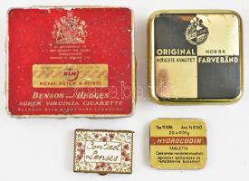 Doboz tétel, 4 db: Benson and Hedges cigarettás fém doboz, Original Norsk Favreband, Hydrocodin tabletta, kontakt lencse doboz tükörrel, mind kopásnyomokkal