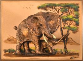 Gaston jelzéssel: Elefántok. Kézzel festett réz lap, műgyanta domborművel- 32x25 cm