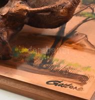 Gaston jelzéssel: Elefántok. Kézzel festett réz lap, műgyanta domborművel- 32x25 cm