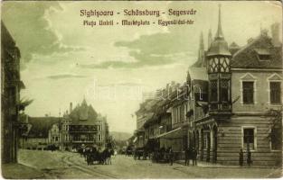 1929 Segesvár, Schässburg, Sighisoara; Piata Unirii / Marktplatz / Egyesülési tér, piac, bank, üzletek. W. Nagy kiadása / square, market, bank, shops (fa)