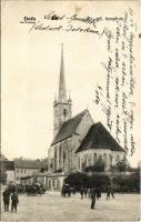 1908 Dés, Dej; Református templom, piac, Glasner Katalin üzlete / Calvinist church, market, shops (EK)