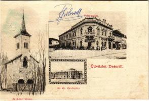 1901 Dés, Dej; Óvári torony, Voith palota, Rehák, Décsey és Szilágyi üzlete, M. kir. törvényház / tower, palace, shops, court (vágott / cut)