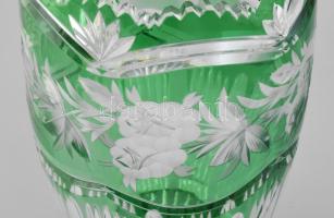 Nagy méretű zöld-fehér kristály váza. Virág mintás, csiszolt, hibátlan 30 cm
