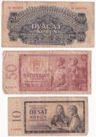 5db-os vegyes csehszlovák bankjegy tétel, közte 1945. 10K T:F,VG  5pcs of mixed czechoslovakian banknote lot, in it 1945. 10 Korun C:F,VG