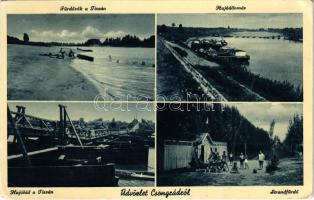 1938 Csongrád, Tisza, hajóhíd, strandfürdő, hajóállomás, fürdőzők (fa)