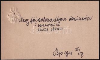 1910 Bajza József autográf feliratos dombornyomott címeres névjegye