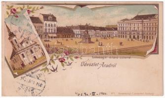 1901 Arad, Szabadság tér vértanú szoborral, Római katolikus templom, üzletek / square, monument, church, shops. Kunstverlag C. Jurischek Art Nouveau, floral, litho