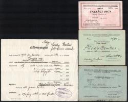 cca 1923-43 Sárdy Brutus (1892-1970) festőművész, restaurátor össz. 5 db okmánya: 3 db tagsági jegy (OMKT, Magyar Képzőművészek Egyesülete), egy OMKT kifizetési nyugat eladott festmény után és felvételi értesítő a PÁTRIA Klub tagjai közé, eredeti borítékban.