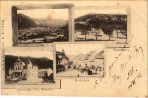 1899 (Vorläufer) Brassó, Kronstadt, Brasov; Schlossberg, Villa Schuller, Marktplatz / Cetatea / Fő tér városi vasúttal, kisvasút, vonat. L. Hynek kiadása / urban railway, train. Art Nouveau (Rb)