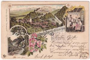 1899 (Vorläufer) Kisdisznód, Michelsberg, Cisnadioara; Der halbe Stein / szász népviselet / Transylvanian Saxon folklore. Karl Graef Art Nouveau, floral, litho (EK)