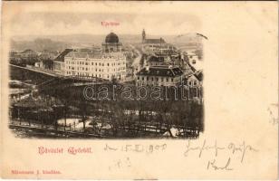 1900 Győr, Újváros, Templom, híd, folyó, zsinagóga, házak (fl)
