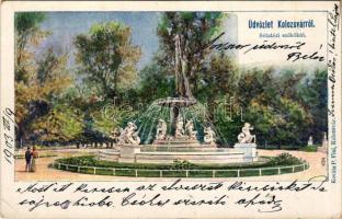 1903 Kolozsvár, Cluj; Sétatéri szökőkút. Kováts P. fiai kiadása / promenade fountain (EK)