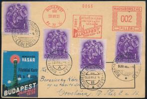 1938 Levelezőlap francotyp és alkalmi bélyegzéssel, levélzáróval / Postcard with special postmarks and label