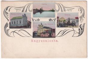 1918 Nagyszalonta, Salonta; Baptista templom, jégpálya, Toldy tér, Izraelita templom, zsinagóga, Kertész üzlete, szálloda / church, ice skating hall, square, synagogue, shop, hotel. Art Nouveau (EK)