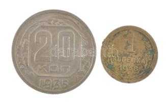 Szovjetunió 1935. 20k Cu-Ni + 1938. 1k Al-bronz T:VF,F patina, ph Soviet Union 1935. 20 Kopecks Cu-Ni + 1938. 1 Kopeck Al-bronze C:VF,F patina, edge error