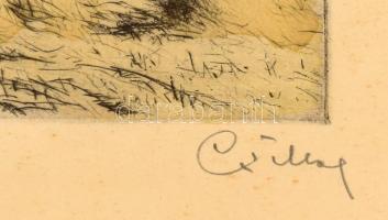 Csillag József (1894-1977): Takarodás. Színezett rézkarc, papír, jelzett, üvegezett fakeretben, 21x2...