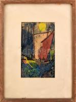 Domján József (1907-1992): Halászhajó. Fametszet, papír, jelzett (paszpartu által takarva), üvegezett fakeretben, 29,5x18 cm