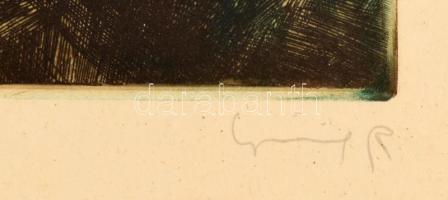 Görög Rezső (1930- ?): Pihenő (Olvashatatlan címmel). Színes rézkarc, papír, jelzett. Dekoratív, üve...