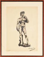 Vaskovics jelzéssel: Férfi akt (Michelangelo Dávid szobra után). Tus, papír. Üvegezett fakeretben, kissé foltos. 42×29,5 cm