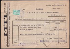 1944 Bp., az MTI által az &quot;Igazság&quot; c. újság kiadóhivatala részére kiállított számla, &quot;Politikai hírszolgálatért&quot; felszámolt előfizetési díjról; aláírásokkal, bélyegzésekkel