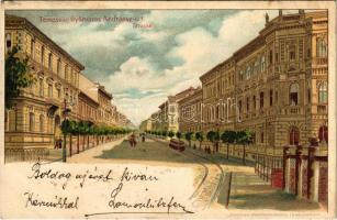 1899 (Vorläufer) Temesvár, Timisoara; Gyárváros, Andrássy út, villamos. Kiadja a Corvina könyvkereskedés / Fabric / street view with tram. Art Nouveau litho