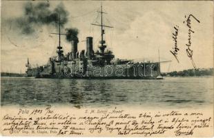 1903 Pola, Pula; SM Schiff Árpád K.u.K. Kriegsmarine / SMS Árpád az Osztrák-Magyar Haditengerészet Habsburg-osztályú csatahajója / Austro-Hungarian Navy Habsburg-class pre-dreadnought battleship. Dep. M. Clapis