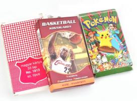 3 pakli játékkártya: Pokémonos, kosárlabdás kártya, magyarkártya